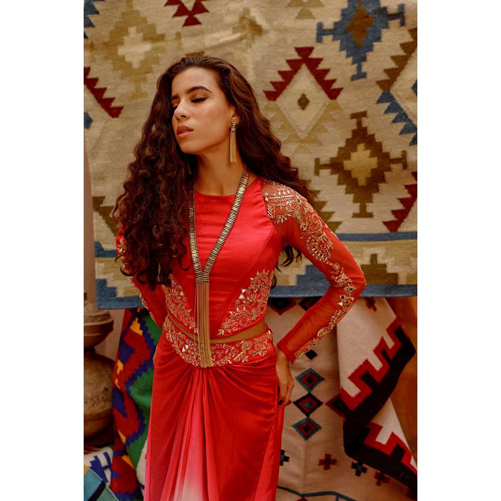 PALLAVI JAIPUR Hot Red Stretch Satin Crop Top with Ombre Drape Skirt (Set of 2)