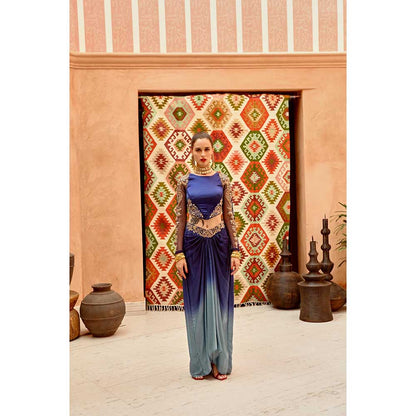 PALLAVI JAIPUR Cerulean Blue Stretch Satin Crop Top with Ombre Drape Skirt (Set of 2)