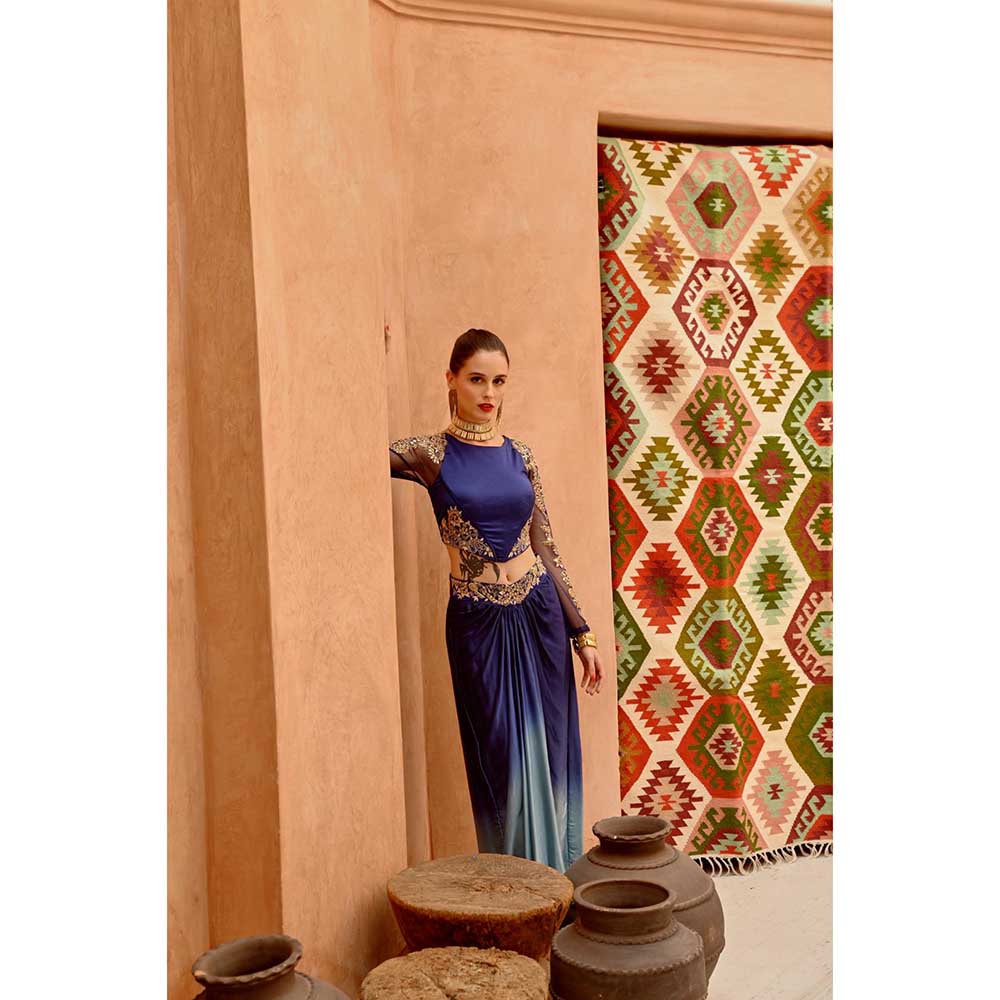 PALLAVI JAIPUR Cerulean Blue Stretch Satin Crop Top with Ombre Drape Skirt (Set of 2)