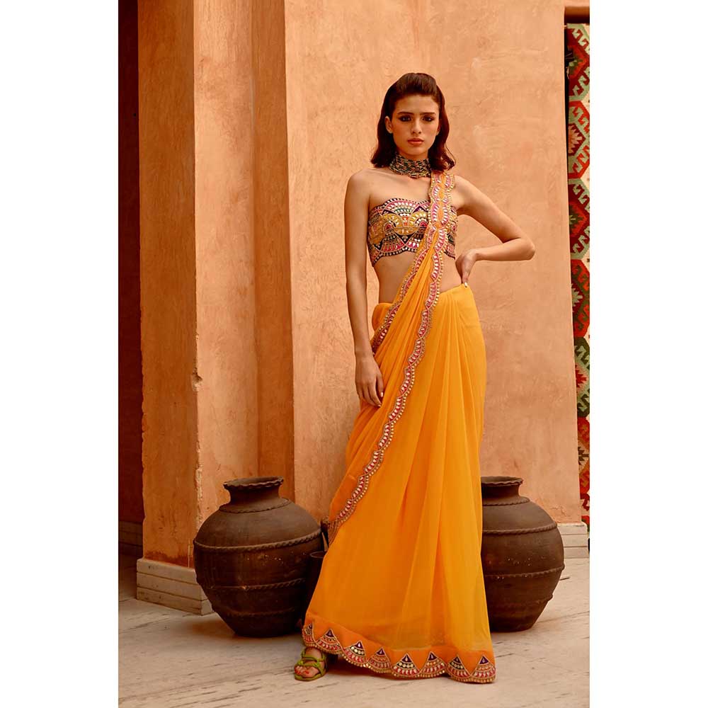 PALLAVI JAIPUR Yellow Saree with Pre-Stitched Palla and Pleats with Stitched Blouse