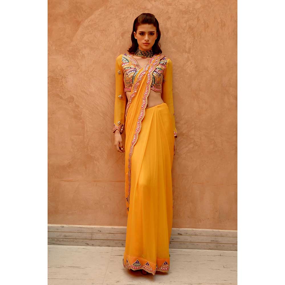 PALLAVI JAIPUR Yellow Saree with Pre-Stitched Palla and Pleats with Stitched Blouse