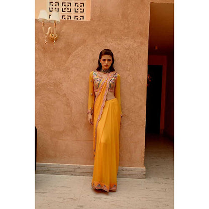 PALLAVI JAIPUR Yellow Saree with Pre-Stitched Palla and Pleats with Stitched Blouse