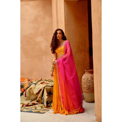 PALLAVI JAIPUR Turmeric Yellow Tier Lehenga with Blouse and Dupatta (Set of 3)