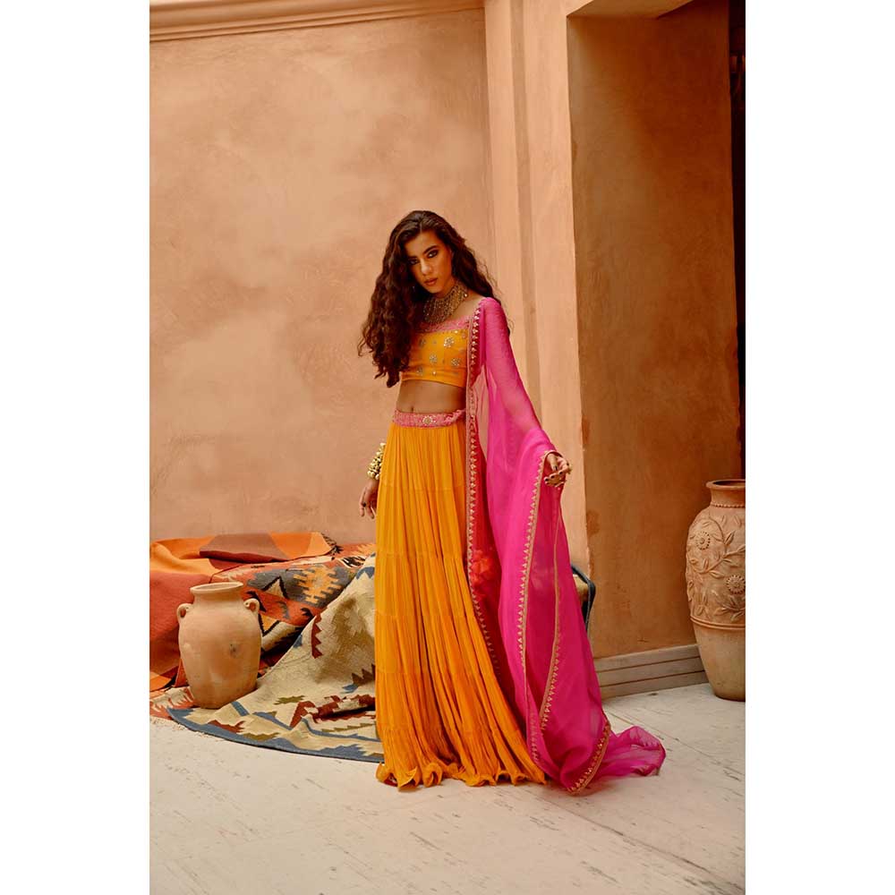PALLAVI JAIPUR Turmeric Yellow Tier Lehenga with Blouse and Dupatta (Set of 3)