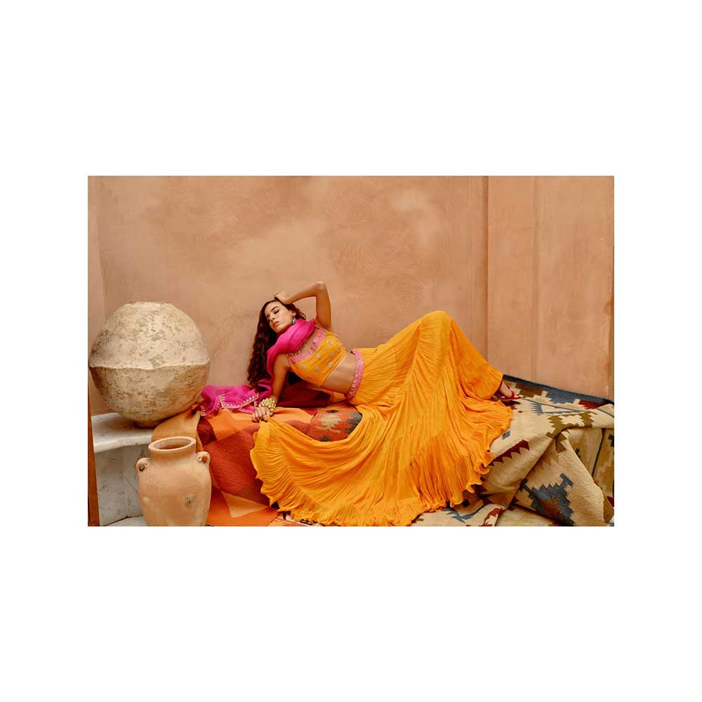 PALLAVI JAIPUR Turmeric Yellow Tier Lehenga with Blouse and Dupatta (Set of 3)
