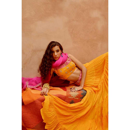 PALLAVI JAIPUR Turmeric Yellow Tier Lehenga with Blouse and Dupatta (Set of 3)