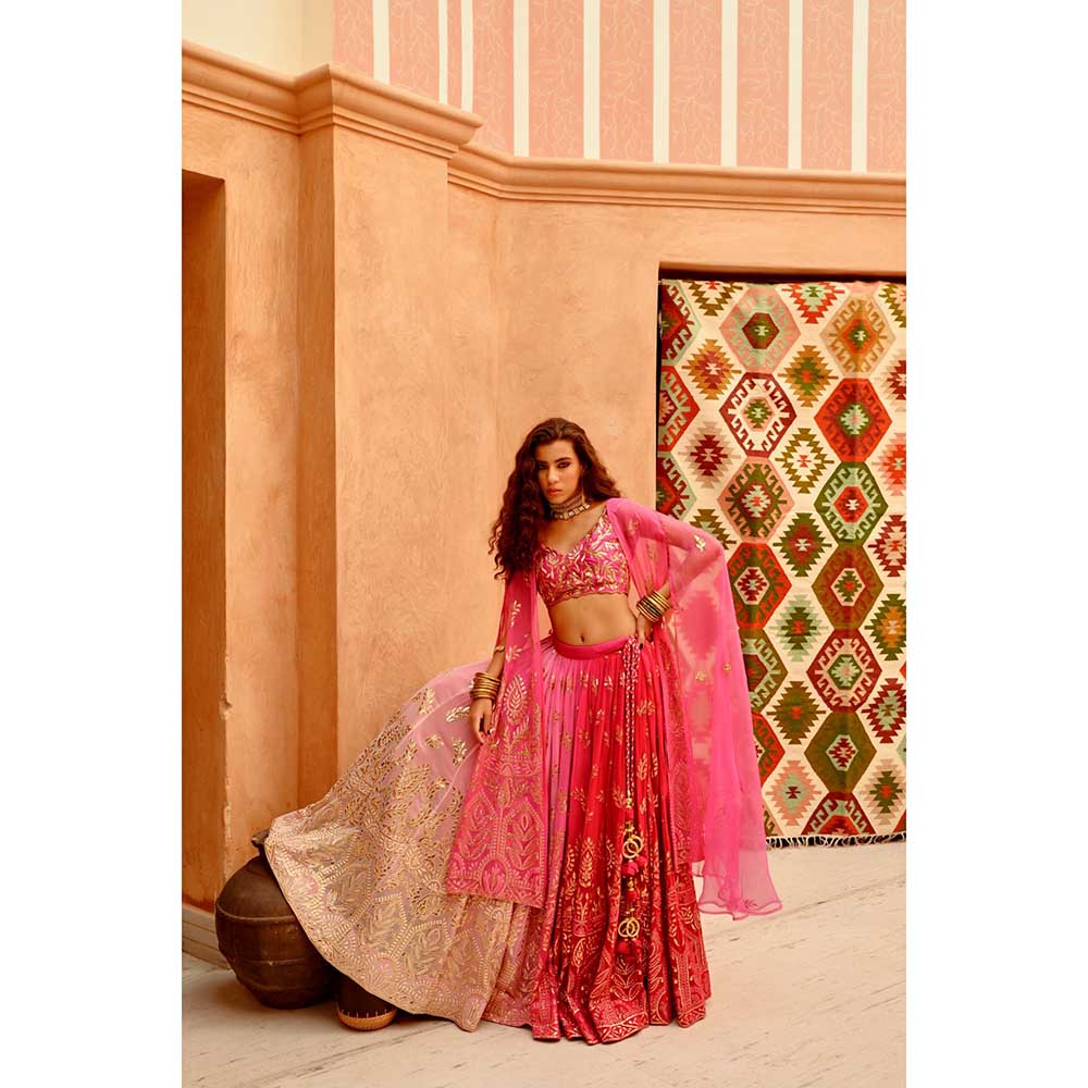 PALLAVI JAIPUR Hot Pink Ombre Queen Lehenga with Blouse and Cape (Set of 3)