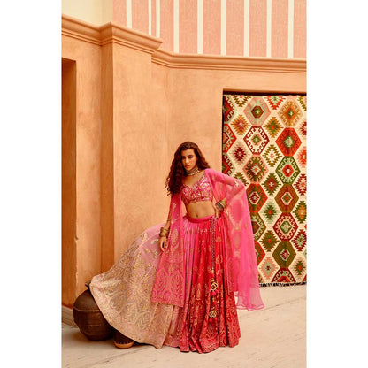 PALLAVI JAIPUR Hot Pink Ombre Queen Lehenga with Blouse and Cape (Set of 3)