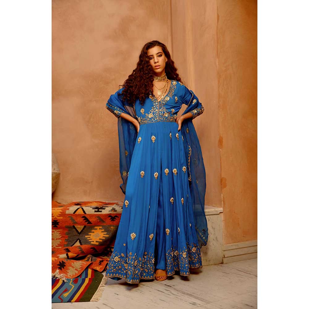PALLAVI JAIPUR Cobalt Blue Front Open Anarkali with Pant and Dupatta (Set of 3)