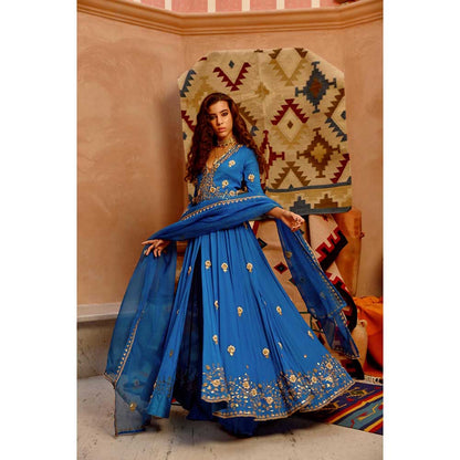 PALLAVI JAIPUR Cobalt Blue Front Open Anarkali with Pant and Dupatta (Set of 3)