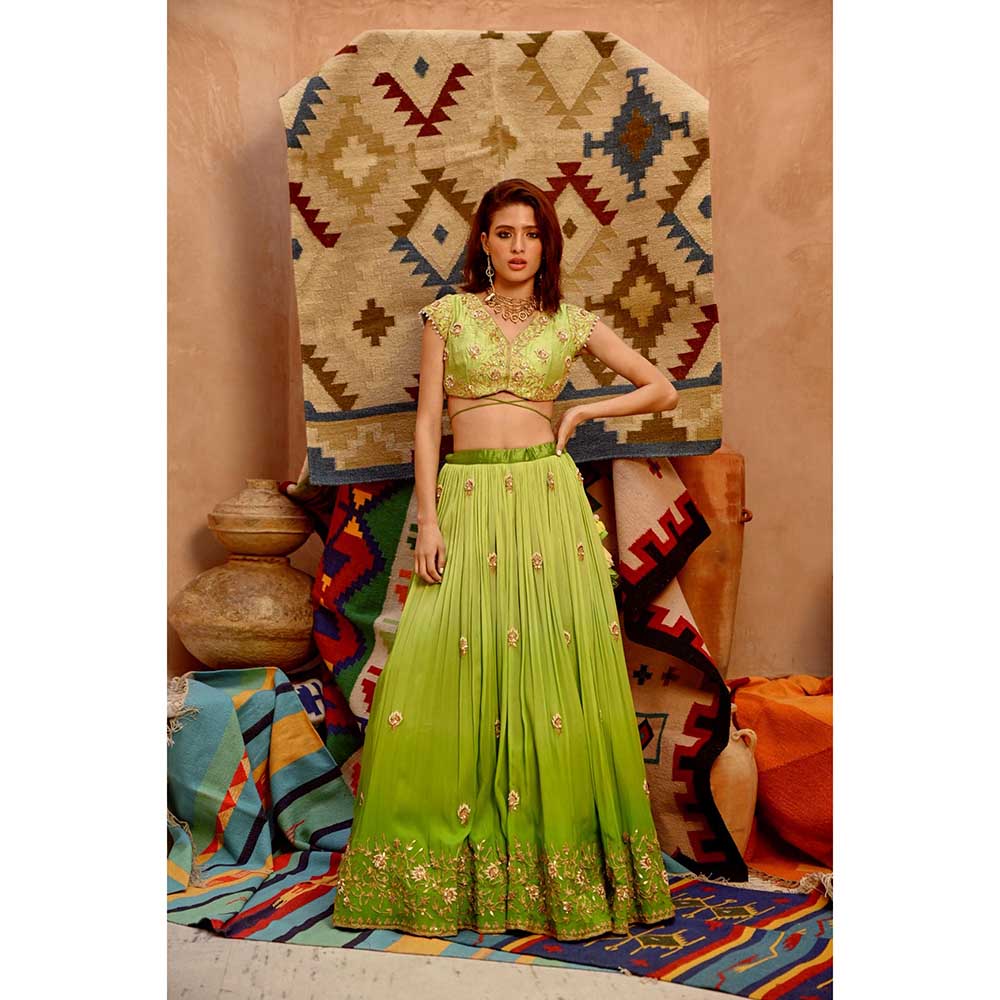 PALLAVI JAIPUR Lime Green Ombre Ruched Lehenga with Blouse and Dupatta (Set of 3)
