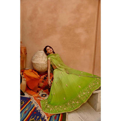 PALLAVI JAIPUR Lime Green Ombre Ruched Lehenga with Blouse and Dupatta (Set of 3)