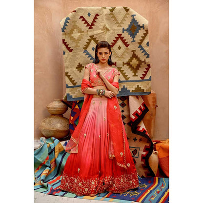 PALLAVI JAIPUR Red and Coral Ombre Ruched Lehenga with Blouse and Dupatta (Set of 3)