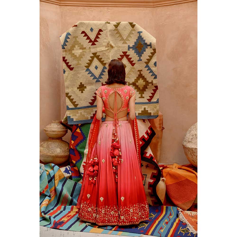 PALLAVI JAIPUR Red and Coral Ombre Ruched Lehenga with Blouse and Dupatta (Set of 3)