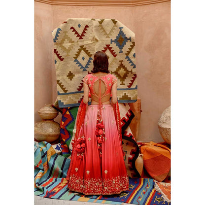 PALLAVI JAIPUR Red and Coral Ombre Ruched Lehenga with Blouse and Dupatta (Set of 3)