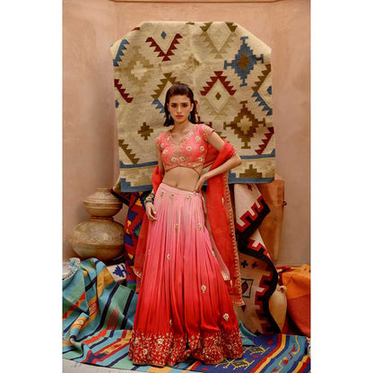 PALLAVI JAIPUR Red and Coral Ombre Ruched Lehenga with Blouse and Dupatta (Set of 3)