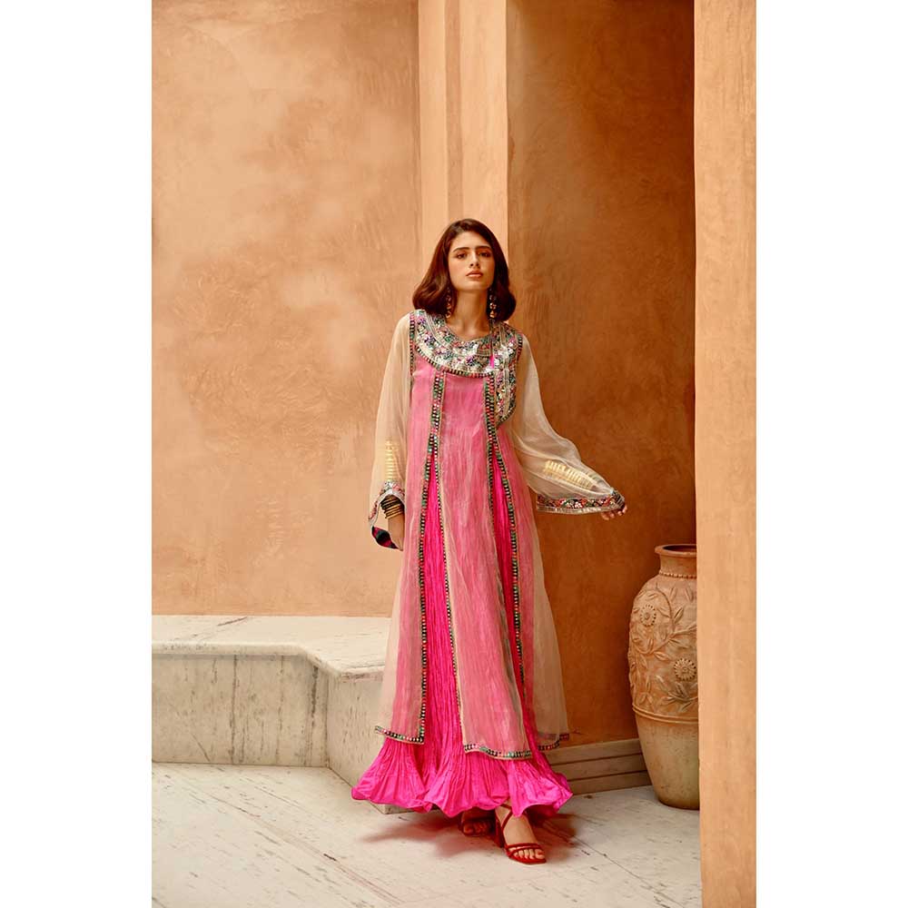 PALLAVI JAIPUR Ivory Sheer Front Slit Afghani Kurta with Crush Anarkali and Pant (Set of 3)