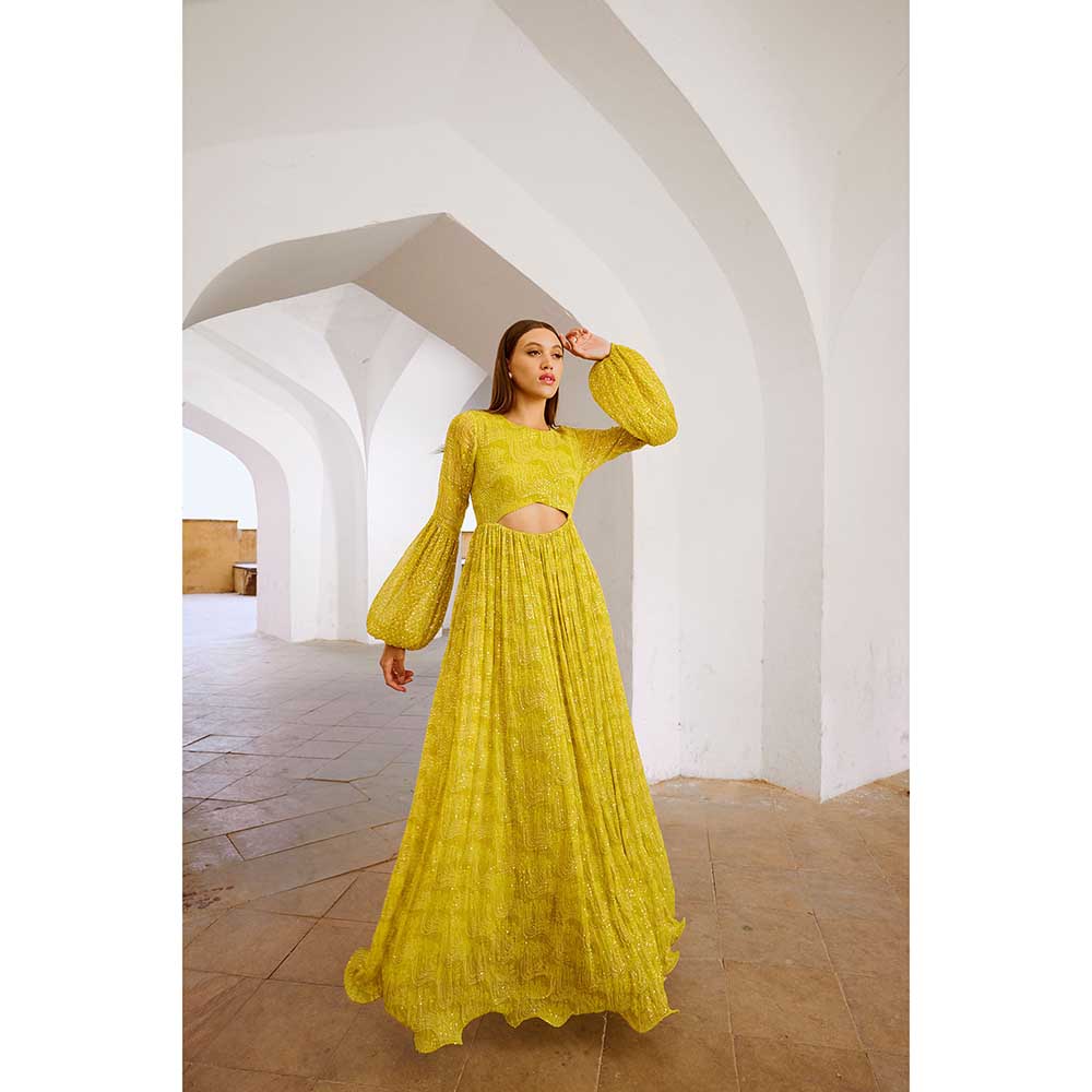 PALLAVI JAIPUR Gulbahar Lemon Yellow Peekaboo Waist Jugnu Sequin Maxi Dress