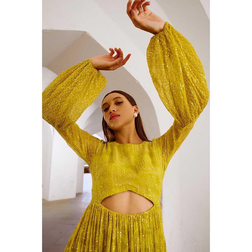 PALLAVI JAIPUR Gulbahar Lemon Yellow Peekaboo Waist Jugnu Sequin Maxi Dress