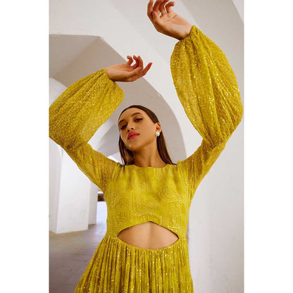 PALLAVI JAIPUR Gulbahar Lemon Yellow Peekaboo Waist Jugnu Sequin Maxi Dress