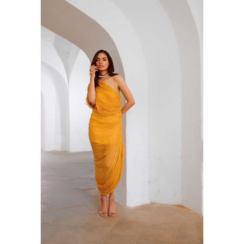 PALLAVI JAIPUR Gulbahar Marigold Mustard One Off Shoulder Jugnu Sequin Maxi Dress