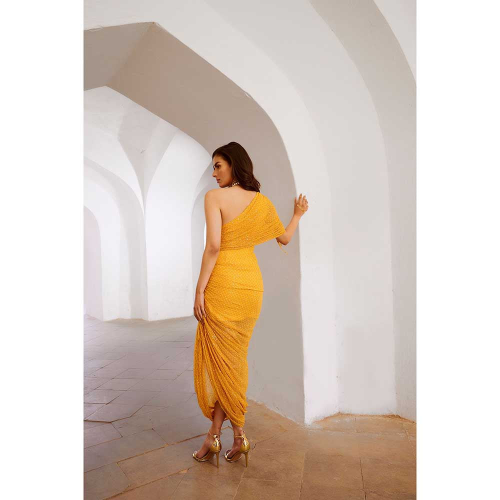 PALLAVI JAIPUR Gulbahar Marigold Mustard One Off Shoulder Jugnu Sequin Maxi Dress
