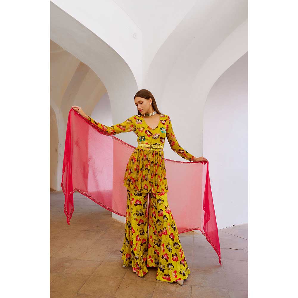 PALLAVI JAIPUR Gulbahar The Poppy Treasure Kurta & Sharara With Dupatta Belt (Set of 4)