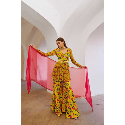 PALLAVI JAIPUR Gulbahar The Poppy Treasure Kurta & Sharara With Dupatta Belt (Set of 4)