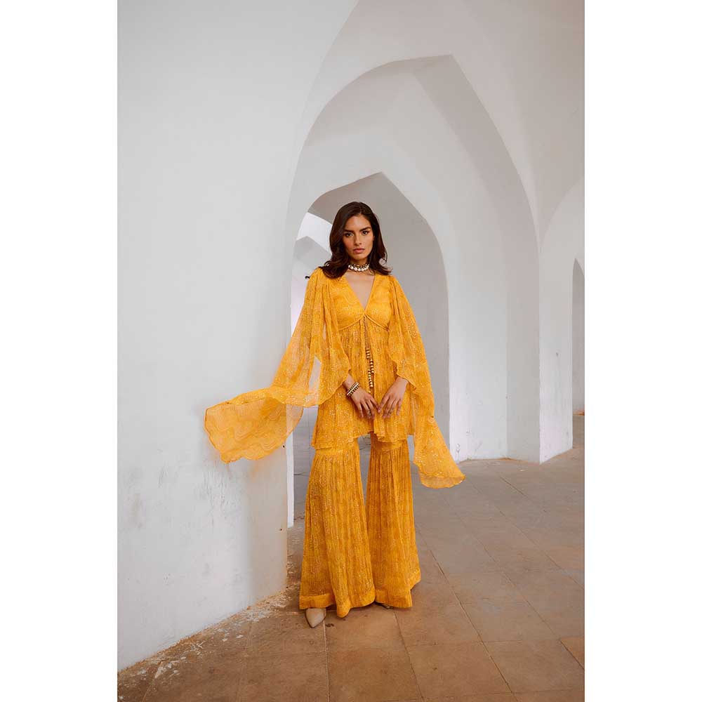 PALLAVI JAIPUR Gulbahar Marigold Yellow The Jugnu Winged Kurta & Sharara (Set of 2)