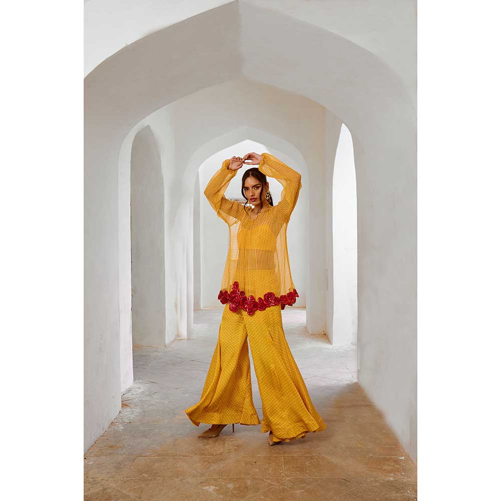 PALLAVI JAIPUR Gulbahar Marigold Yellow Gulab Kurta With Sharara & Inner (Set of 3)