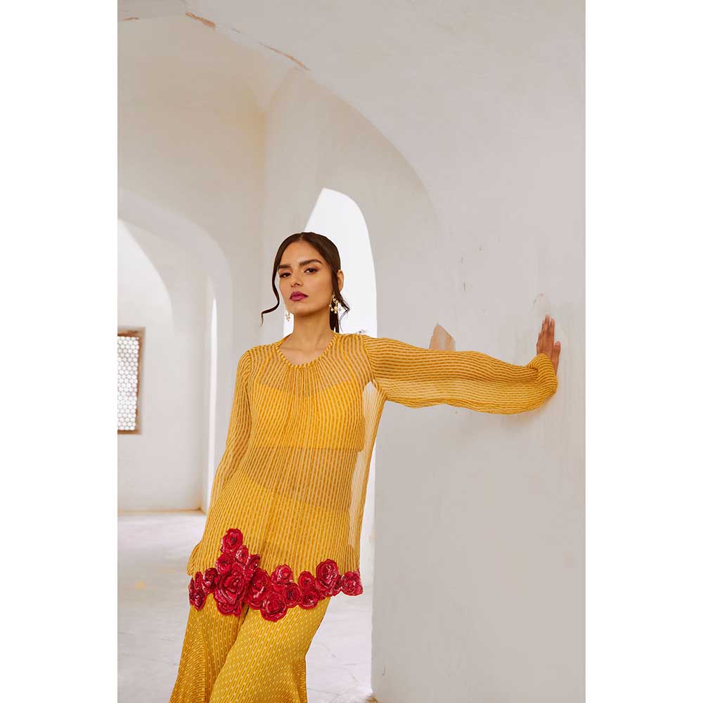 PALLAVI JAIPUR Gulbahar Marigold Yellow Gulab Kurta With Sharara & Inner (Set of 3)