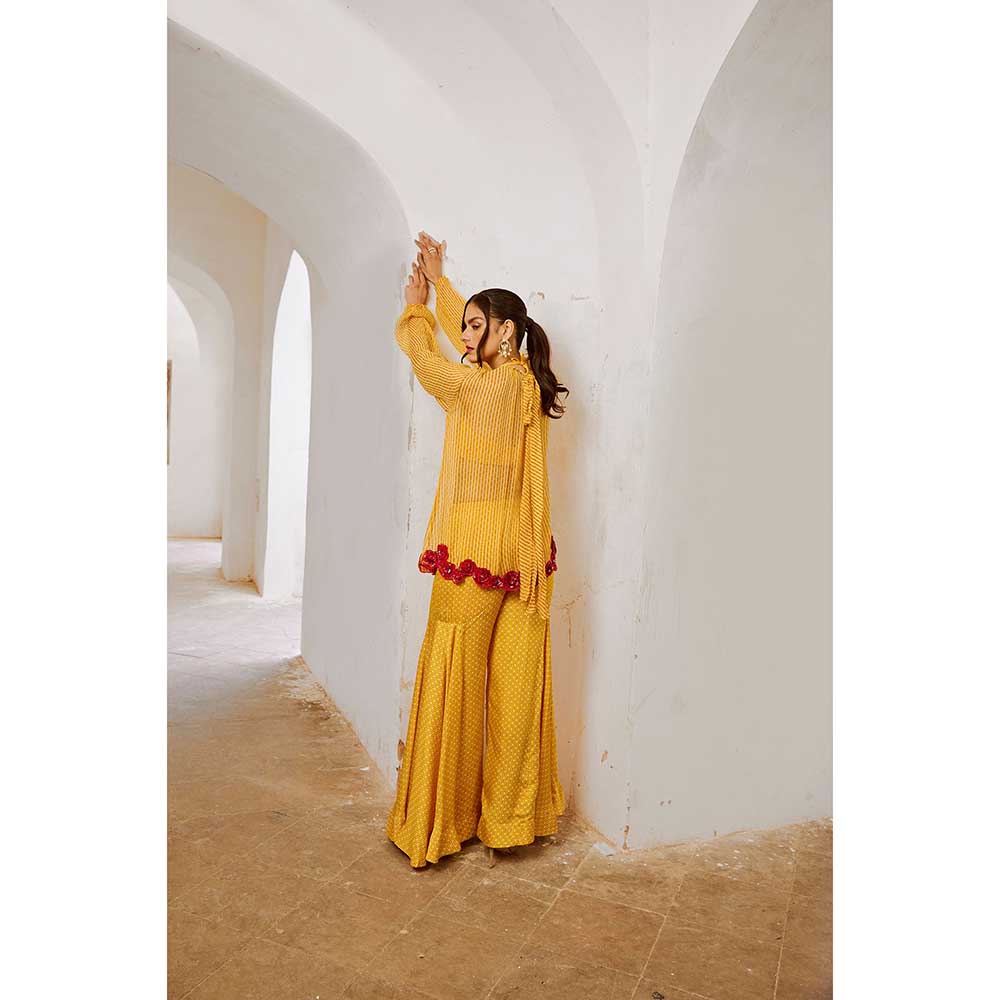 PALLAVI JAIPUR Gulbahar Marigold Yellow Gulab Kurta With Sharara & Inner (Set of 3)