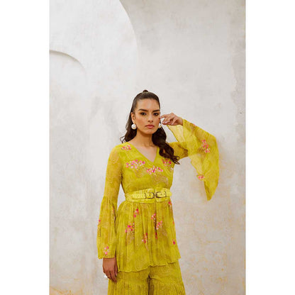 PALLAVI JAIPUR Gulbahar Lemon Green Guldasta Kurta With Jugnu Sharara & Belt (Set of 3)