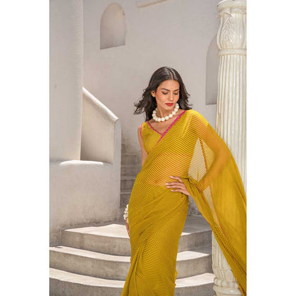 PALLAVI JAIPUR Gulbahar Olive Stripe Saree & Stitched Blouse