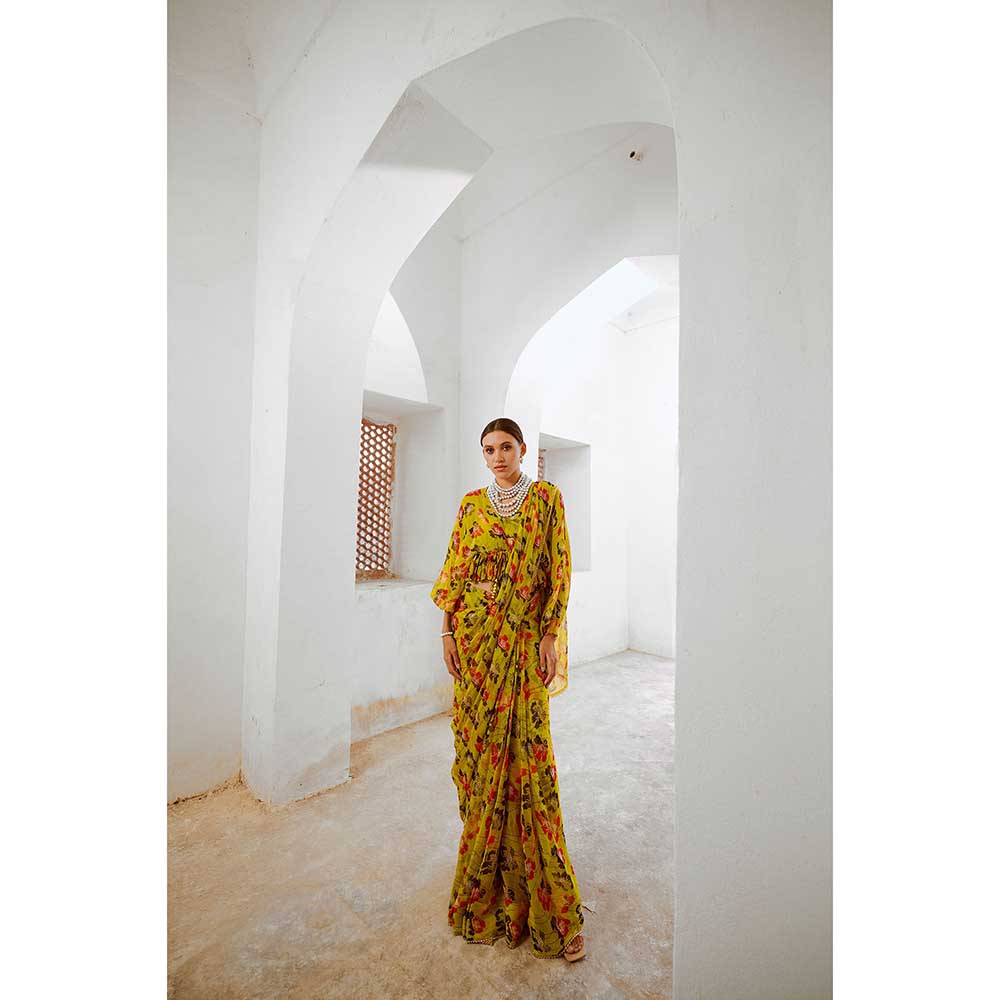 PALLAVI JAIPUR Gulbahar Bumblebee Green Saree With Boho Frill Stitched Blouse