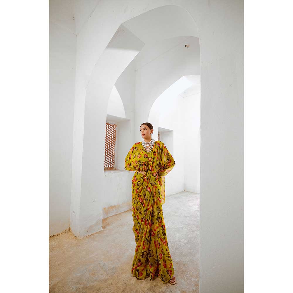 PALLAVI JAIPUR Gulbahar Bumblebee Green Saree With Boho Frill Stitched Blouse