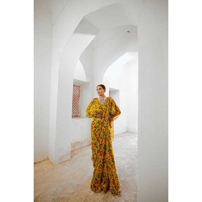 PALLAVI JAIPUR Gulbahar Bumblebee Green Saree With Boho Frill Stitched Blouse