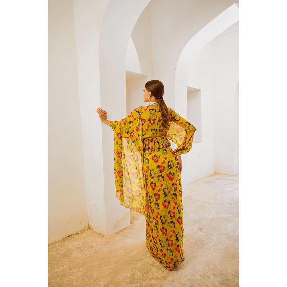 PALLAVI JAIPUR Gulbahar Bumblebee Green Saree With Boho Frill Stitched Blouse