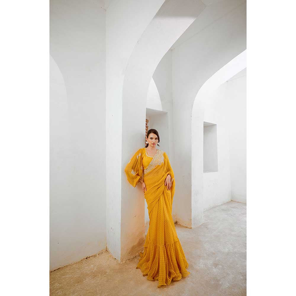 PALLAVI JAIPUR Marigold Yellow Gulbahar Balloon Sleeve Saree With Stitched Blouse