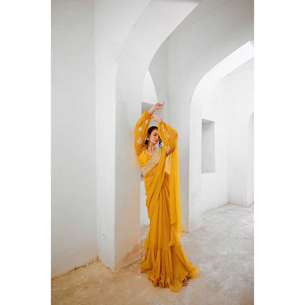 PALLAVI JAIPUR Marigold Yellow Gulbahar Balloon Sleeve Saree With Stitched Blouse