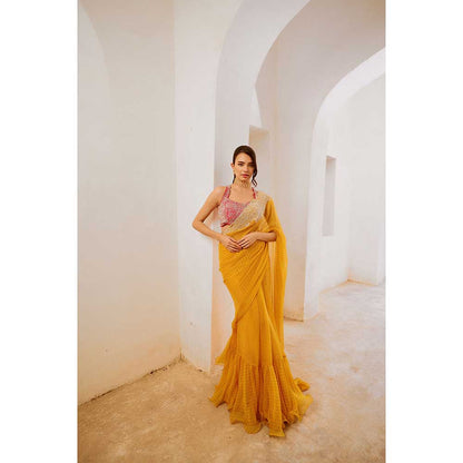 PALLAVI JAIPUR Marigold Yellow Gulbahar Saree With Stitched Blouse