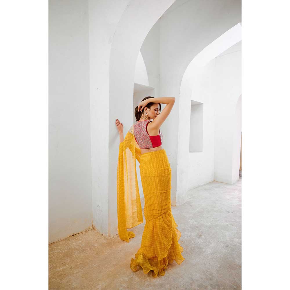 PALLAVI JAIPUR Marigold Yellow Gulbahar Saree With Stitched Blouse