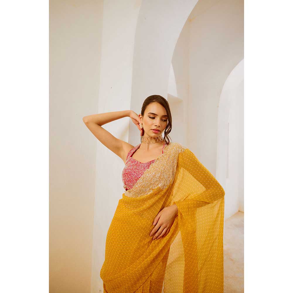 PALLAVI JAIPUR Marigold Yellow Gulbahar Saree With Stitched Blouse
