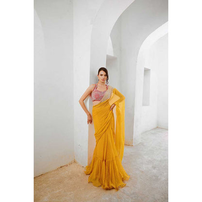 PALLAVI JAIPUR Marigold Yellow Gulbahar Saree With Stitched Blouse