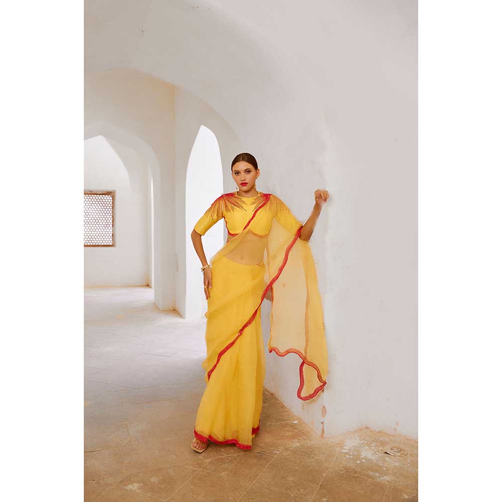 PALLAVI JAIPUR Gulbahar Daisy Yellow Mimosa Foregoes Saree With Stitched Blouse