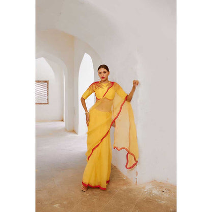 PALLAVI JAIPUR Gulbahar Daisy Yellow Mimosa Foregoes Saree With Stitched Blouse