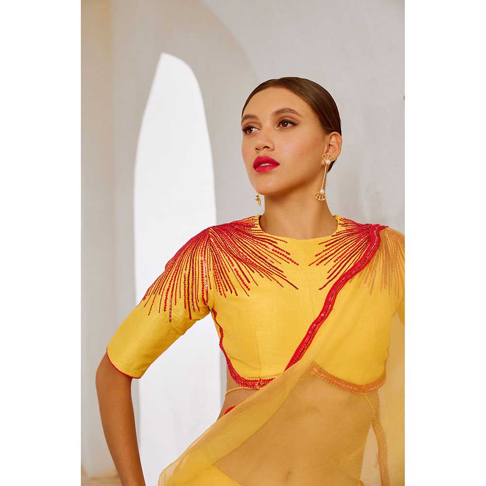 PALLAVI JAIPUR Gulbahar Daisy Yellow Mimosa Foregoes Saree With Stitched Blouse