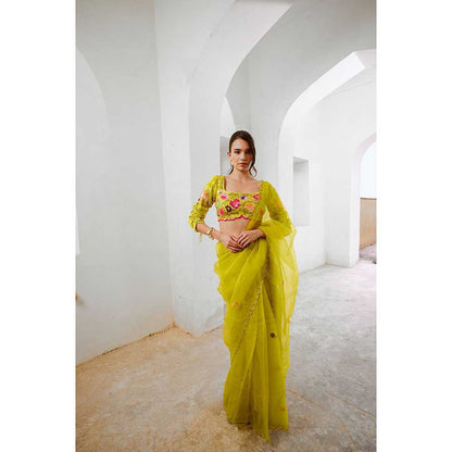 PALLAVI JAIPUR Gulbahar Lemon Green Dil-Bagh Saree With Stitched Blouse