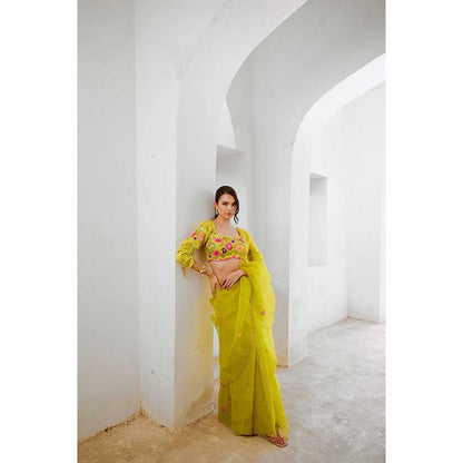 PALLAVI JAIPUR Gulbahar Lemon Green Dil-Bagh Saree With Stitched Blouse