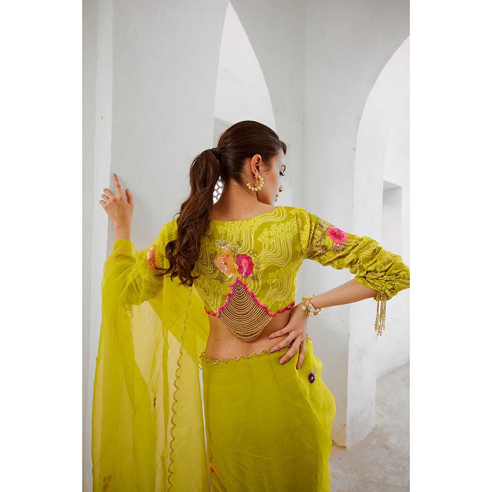 PALLAVI JAIPUR Gulbahar Lemon Green Dil-Bagh Saree With Stitched Blouse